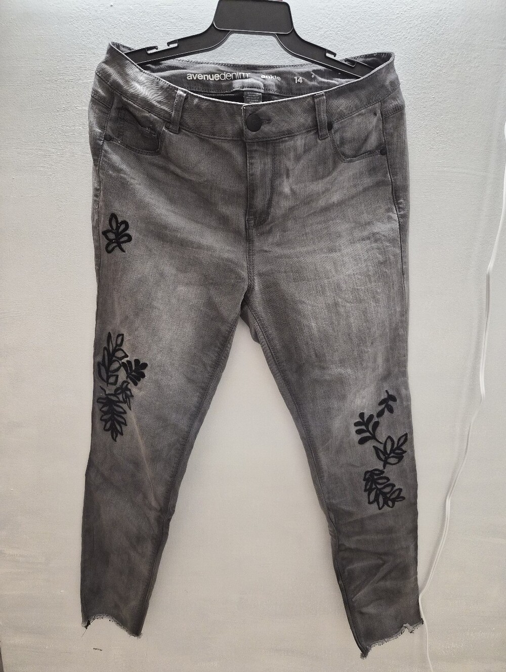 Avenue Denim Women’s Ankle Gray Skinny Jeans with Black Embroidered Detail
